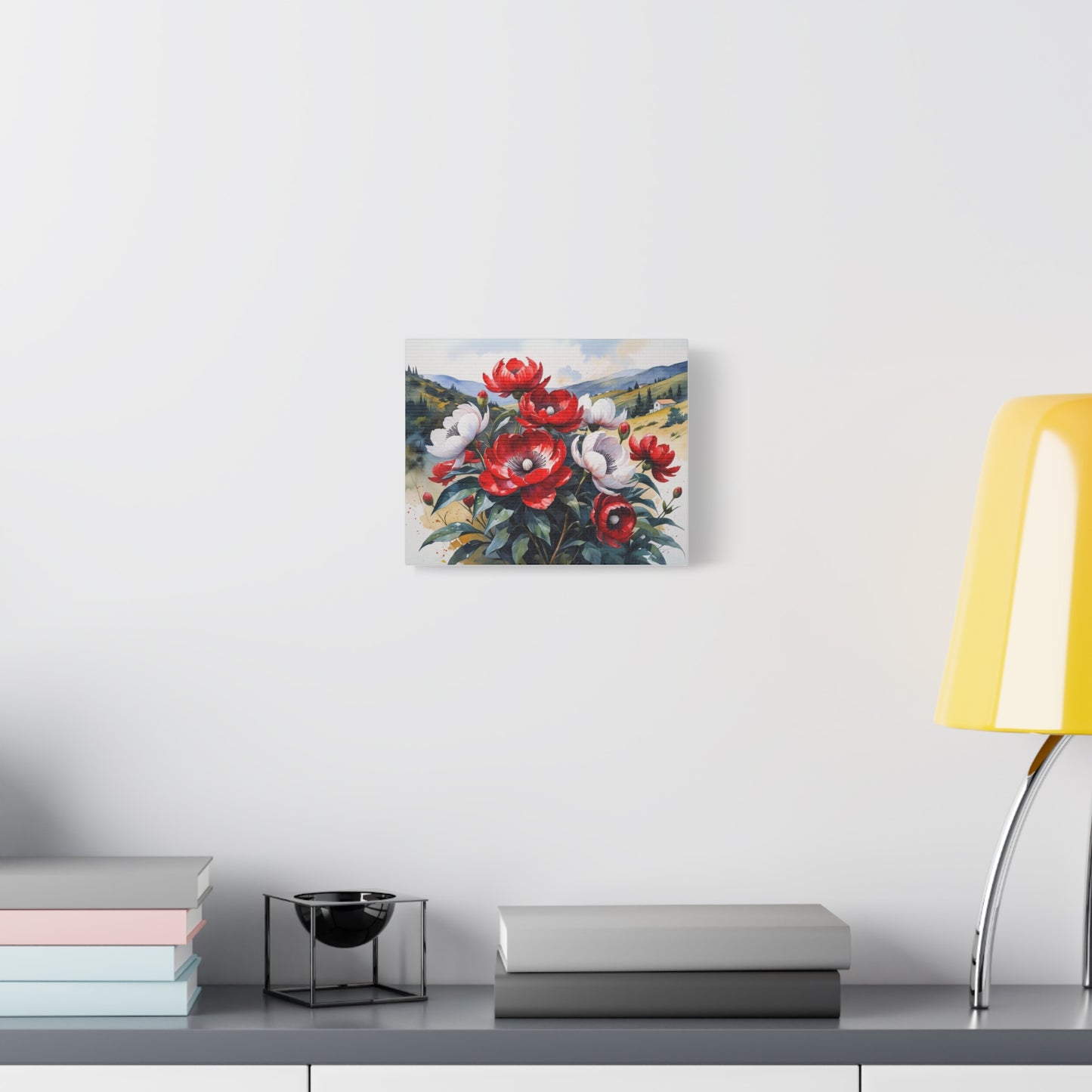 Kosovo’s Crimson Bloom – Watercolor Style Canvas of Red Paeonia peregrina in an Albanian Landscape