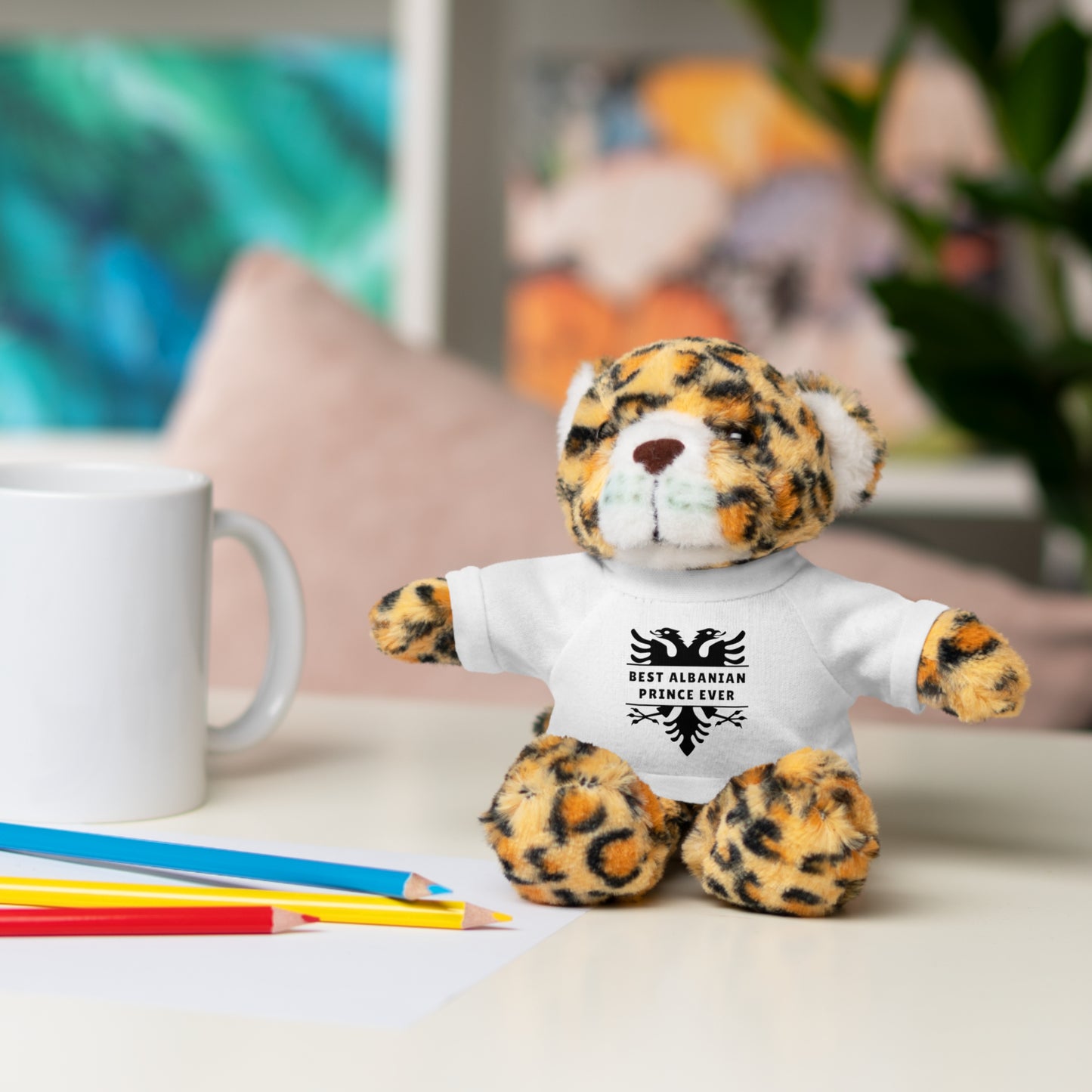 Best Albanian Prince Ever | Personalized 8" Plush Stuffed Animal Jaguar | Custom Tee in Multiple Colors | Gift for Kids & Collectors
