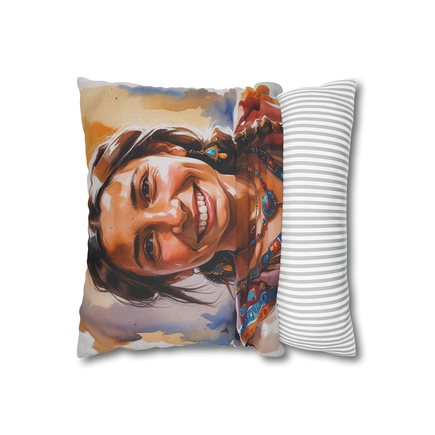 Albanian Roma Girl Boho Pillowcase – Radiant Smiles & Free-Spirited Charm Decorative Cushion Cover | Bohemian Home Decor