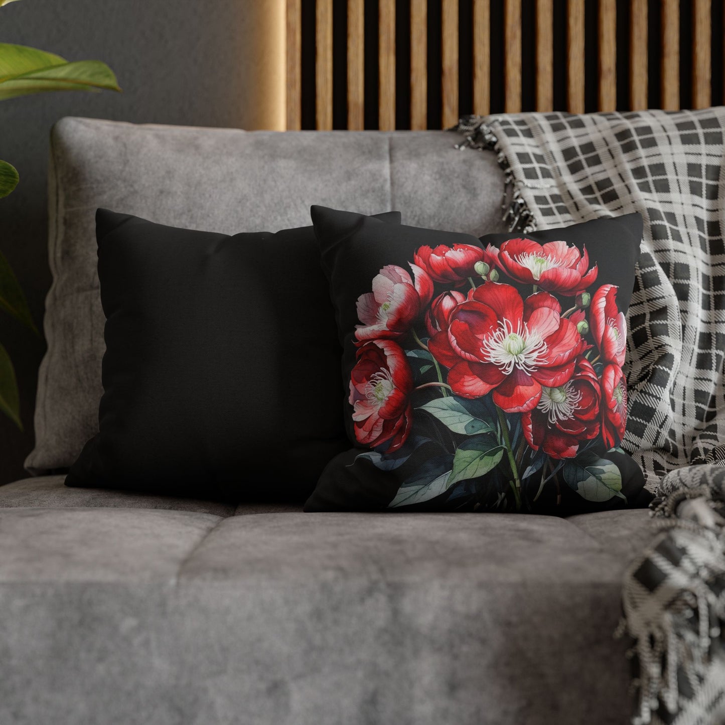 Paeonia Peregrina Pillowcase – Kosovo’s National Flower | Botanical Watercolor Art | Red & Black Floral Accent Cushion
