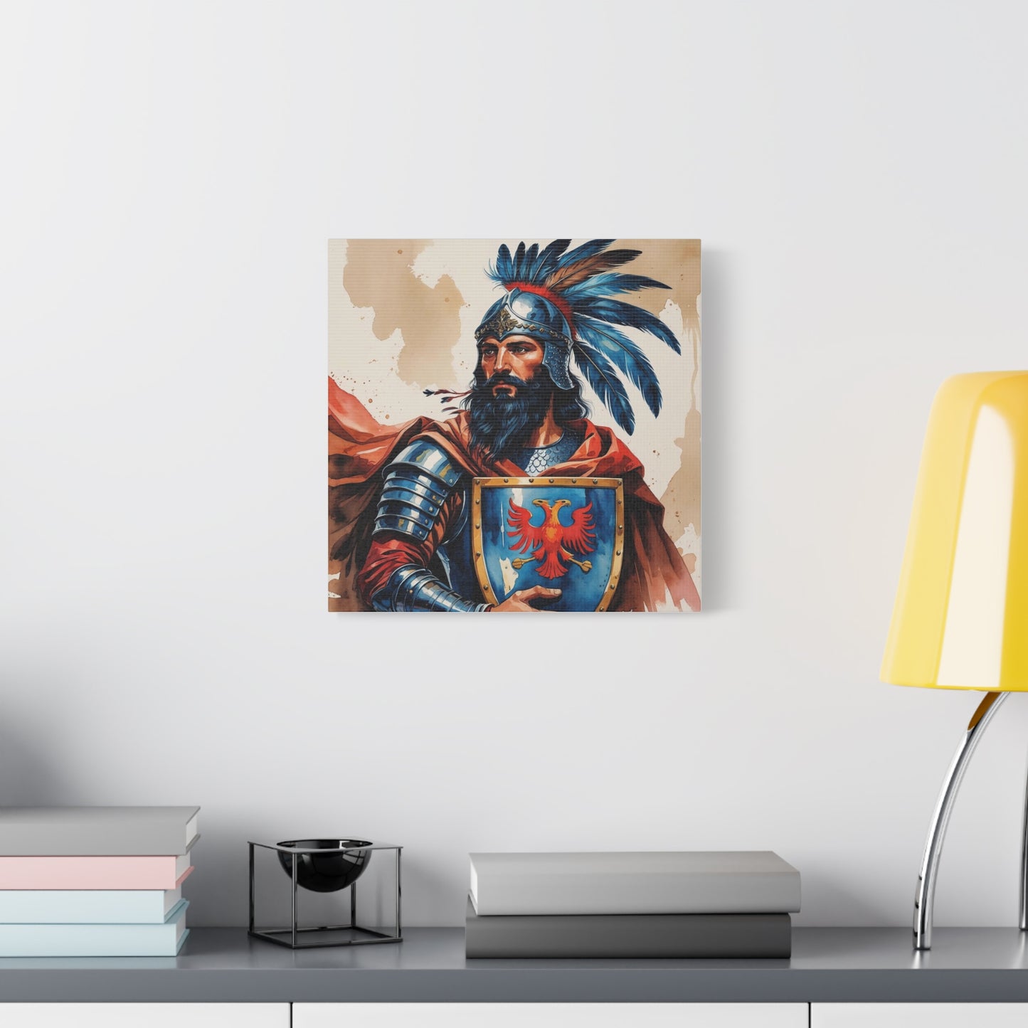 Skanderbeg: Guardian of the Eagle – A Regal Watercolor Style Portrait of Albania’s National Hero in Crimson, Gold, and Valor