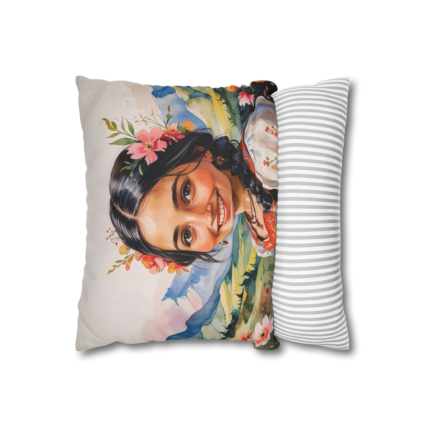 Romani Girl “Luludi” Pillowcase – Single-Sided Portrait Print | Floral Balkan Decor | Cultural Accent Cushion | 4 Sizes Available