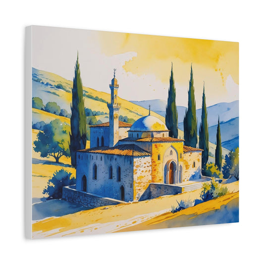 Whispers of Faith: A Stone Mosque Beneath the Kosovo Sky, Stretched Matte Wall Decor, Art for Home, Gallery Wall