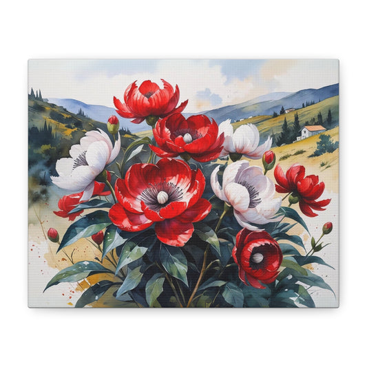 Kosovo’s Crimson Bloom – Watercolor Style Canvas of Red Paeonia peregrina in an Albanian Landscape