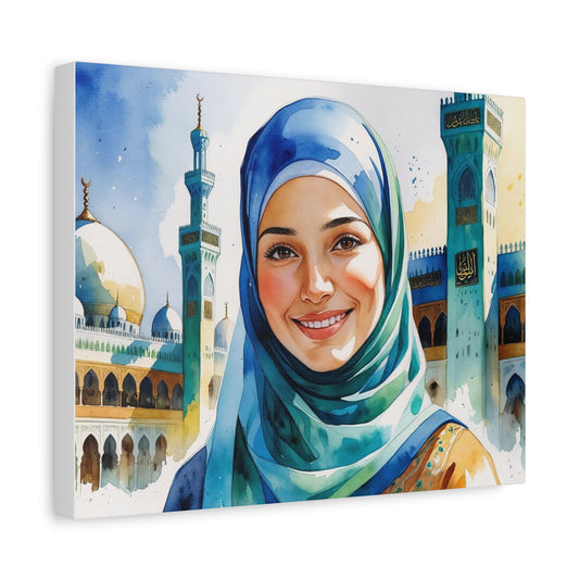 "Hana in Mecca" Canvas Print – Watercolor Muslim Woman Art, Crescent Moon Symbolism, Spiritual Decor Inspired by Kosovo Flag Colors