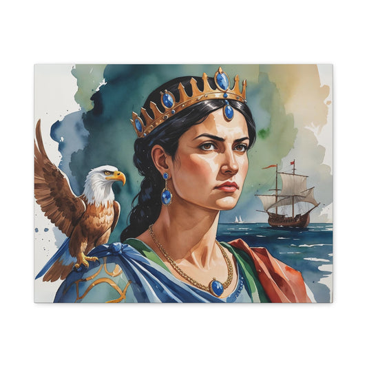 Teuta, Queen of Illyria – Watercolor style Portrait of a Regal Illyrian Leader with Albanian Eagle Symbol