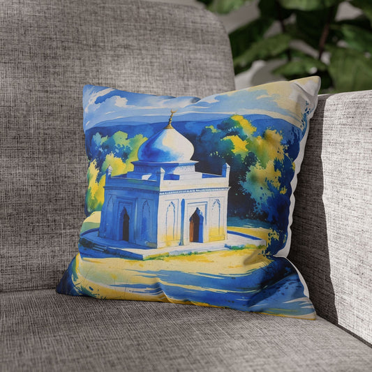 Mystic Serenity: Sufi Temple in Kosovo – Watercolor Art Pillowcase, Blue & Yellow Decorative Cushion Cover