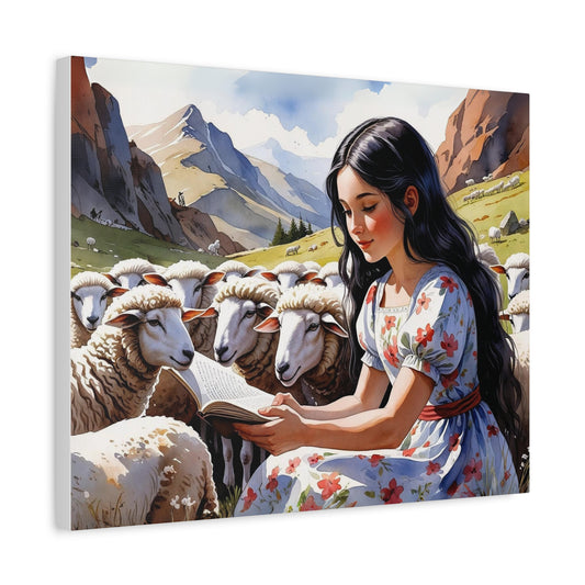 Albanian Shepherdess Girl Watercolor Style Art I Baresha Lexon | Floral Dress & Sheep in Mountain Landscape – Red & Black Tones