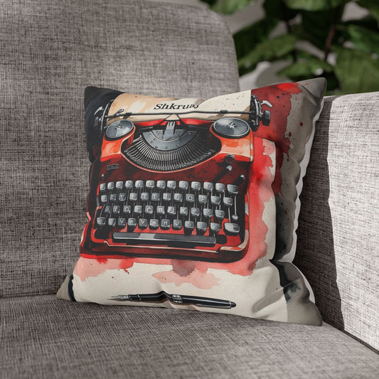 “Shkruaj” Pillowcase – Vintage Typewriter Watercolor | Albanian Red & Black Decor | Gift for Writers & Creatives | Single-Sided Cushion Cover