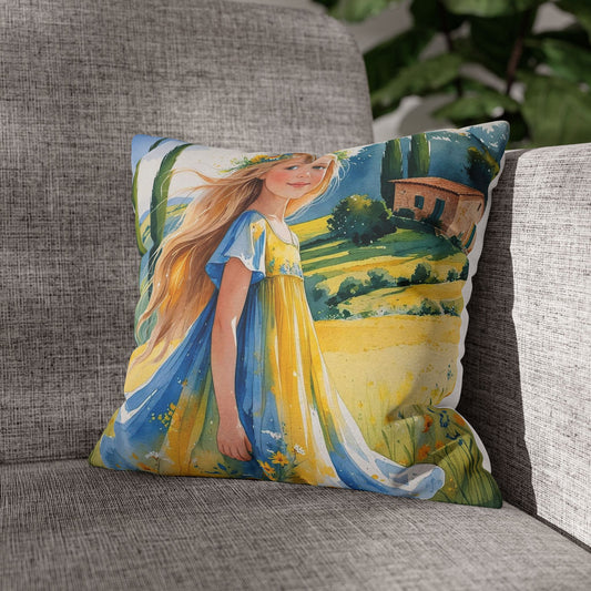 Tringa in Bloom – Watercolor Kosovo Girl Pillowcase, Yellow & Blue Floral Art, Decorative Cushion Cover in 4 Sizes