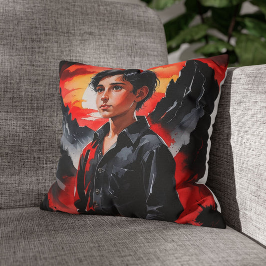 "Flamur at Dusk – Red & Black Albanian Shepherd Boy Pillowcase" | Watercolor Canvas-Style Cushion Cover in 4 Sizes (14”, 16”, 18”, 20”)