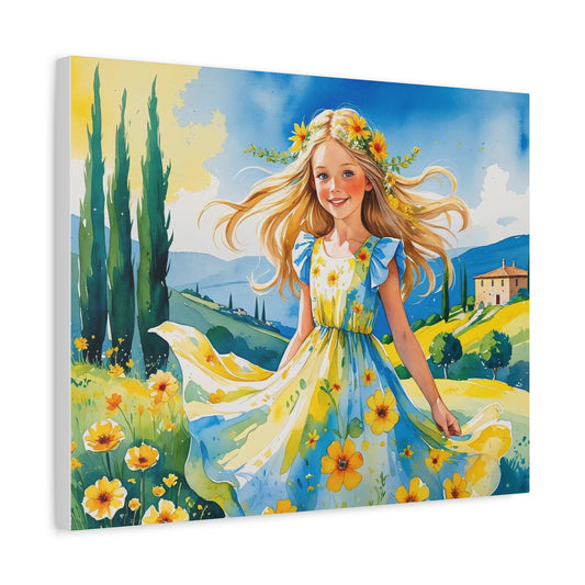 Dua’s Day in the Sun – Watercolor Style Canvas Portrait of a Joyful Blonde Girl in a Kosovo-Inspired Yellow and Blue Dress