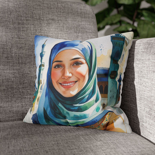 Hana “The Moon” Pillowcase – Watercolor Islamic Art | Serene Mecca Portrait | Eid Gift & Spiritual Decor | Single-Sided Accent Cushion Cover