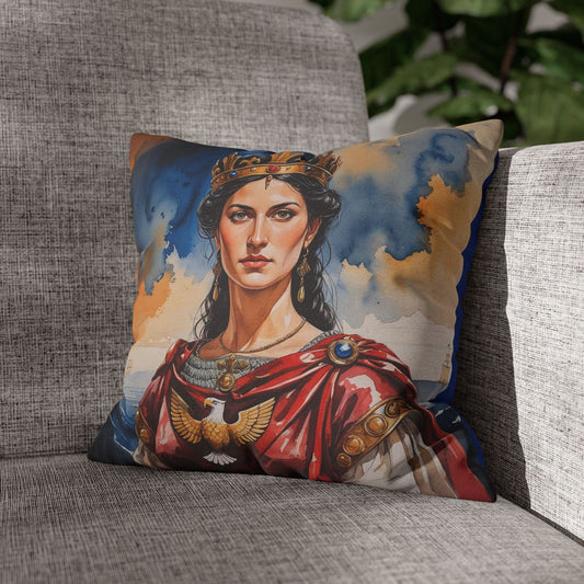 Queen Teuta Pillowcase – Watercolor Portrait of Illyrian Royalty | Albanian Heritage Decor | Regal Art Cushion Cover with Eagle