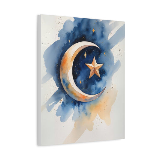 Kosovo Islamic Crescent Moon & Star Canvas I Watercolor Style | Celestial Wall Art for Home, Nursery & Gift Giving