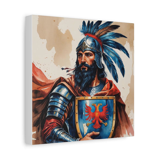 Skanderbeg: Guardian of the Eagle – A Regal Watercolor Style Portrait of Albania’s National Hero in Crimson, Gold, and Valor