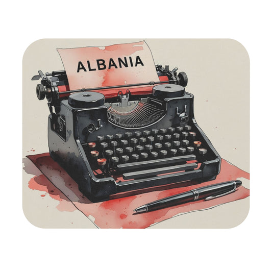 Albania Typewriter Mouse Pad – 9"x8" Rustic Watercolor Design, Red & Black Vintage Writer’s Desk Mat