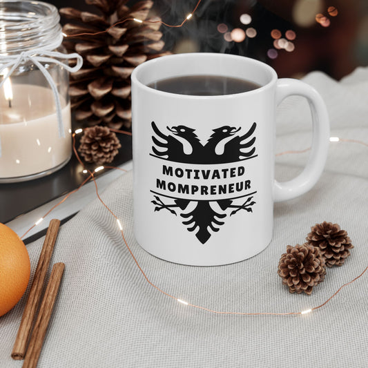 Motivated Mompreneur – Albanian Eagle Mug 11oz White Ceramic Coffee Cup | Bold Black Eagle Design | Empowering Gift for Albanian Women, Entrepreneurs, & Boss Moms