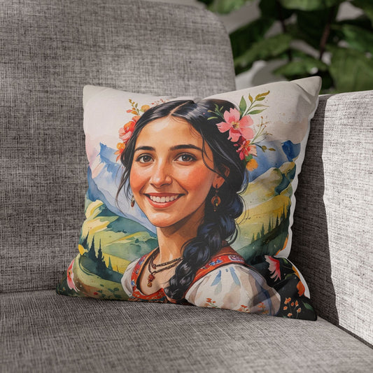 Romani Girl “Luludi” Pillowcase – Single-Sided Portrait Print | Floral Balkan Decor | Cultural Accent Cushion | 4 Sizes Available