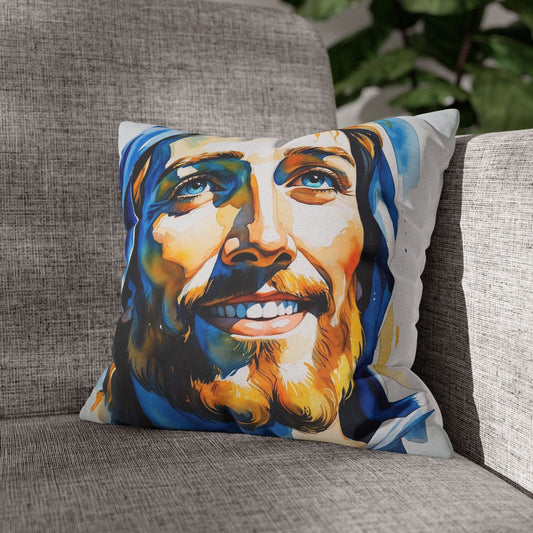 Jesus Christ Pillowcase – Serene Watercolor Portrait | Blue & Yellow Kosovo-Inspired Art | Spiritual Decor & Faith-Inspired Gift