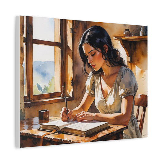 Elira’s Quiet Rebellion – A Watercolor Portrait of an Albanian Woman Writing Her Freedom, Canvas Wall Art, Gift for Writers
