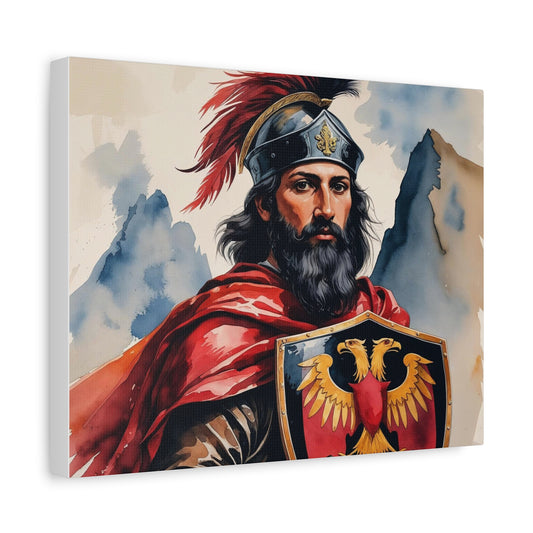Skanderbeg Canvas Print – Albanian Warrior Portrait, Watercolor Style Wall Art, Available in Multiple Sizes
