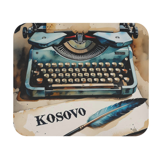 Kosovo Typewriter Mouse Pad – 9"x8" Rustic Watercolor Desk Art with Quill & Aged Paper