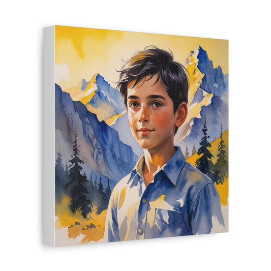 Dardan’s Freedom Dream – Watercolor Style Canvas of a Kosovar Shepherd Boy in the Accursed Mountains at Sunset, Painted in Kosovo’s Yellow and Blue Hues