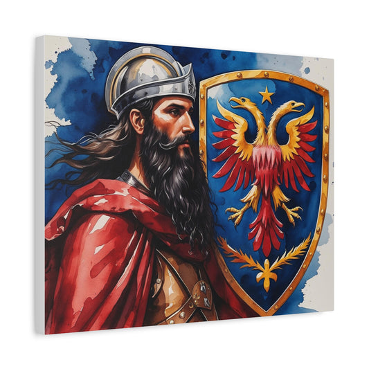 Shield of the Eagle: A Watercolor Portrait of Skanderbeg in Crimson and Gold Glory, Heroic Warrior Canvas Art Print