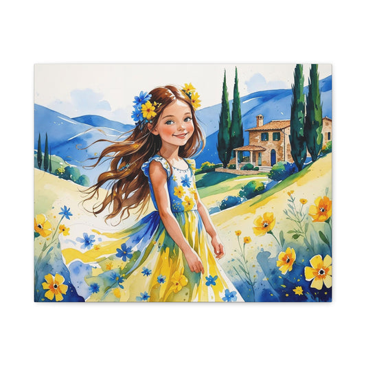 Dea’s Bright Journey – Watercolor Style Canvas Portrait of a Smiling Girl Amid the Hills of Kosovo, in Yellow and Blue Flag-Inspired Dress