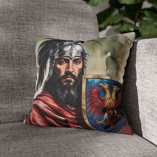 Skanderbeg Warrior Portrait Pillowcase – Crimson Cape & Eagle Shield – Realistic Watercolor Art – Patriotic Albanian Decor – Historical Gift Idea