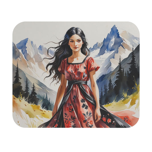 Shqipe the Albanian Shepherdess Mouse Pad – 9"x8" Watercolor Art, Mountain Landscape Desk Mat