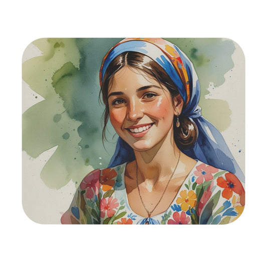 Balkan Boho Girl Mouse Pad – 9"x8" Watercolor Art Desk Accessory Smiling Girl Illustration | Soft & Stylish Office Decor | Thoughtful Gift Idea