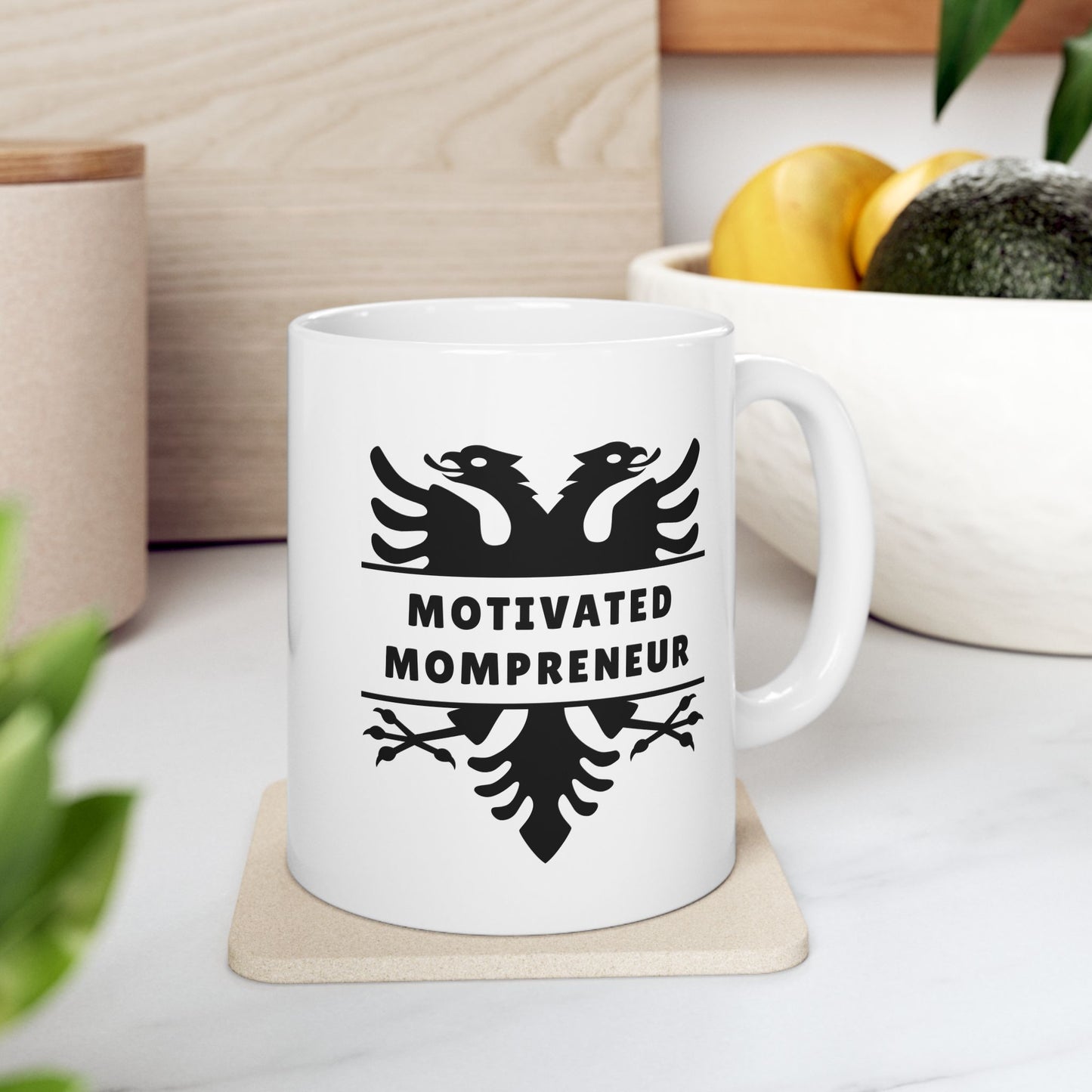 Motivated Mompreneur – Albanian Eagle Mug 11oz White Ceramic Coffee Cup | Bold Black Eagle Design | Empowering Gift for Albanian Women, Entrepreneurs, & Boss Moms