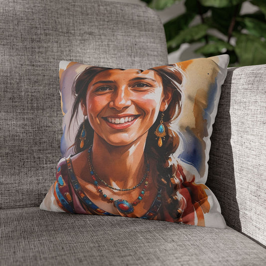 Albanian Roma Girl Boho Pillowcase – Radiant Smiles & Free-Spirited Charm Decorative Cushion Cover | Bohemian Home Decor