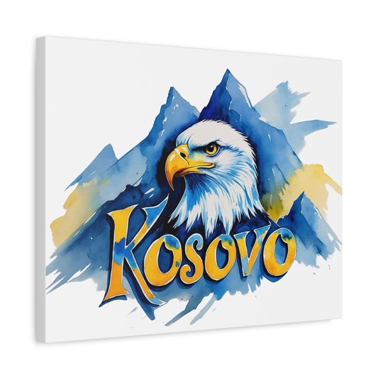 Kosovo Eagle Watercolor Style Canvas | Blue & Yellow Patriotic Wall Art – Serene Mountain-Inspired Decor