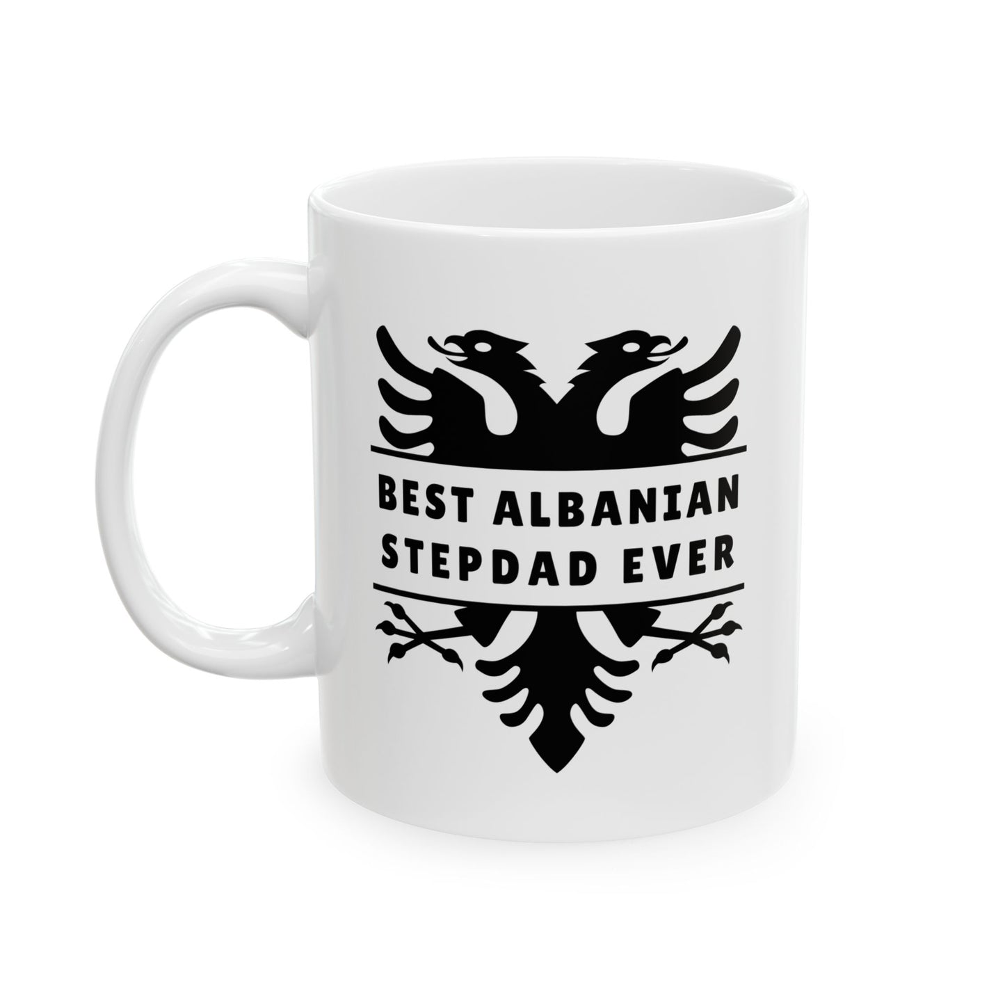 Best Albanian Stepdad Ever Mug – 11oz White Ceramic Coffee Cup with Black Eagle | Patriotic Gift for Stepdads | Father’s Day or Birthday