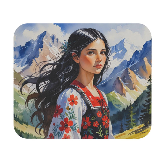 Mountain Albanian Girl Art Mouse Pad Boho Desk Mat | Nature-Inspired Office Decor | Unique Gift for Her
