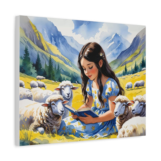 Kosovo Shepherdess Watercolor Style Canvas | Girl Reading to Sheep with Shar Mountains – Blue & Yellow Flag-Inspired Art