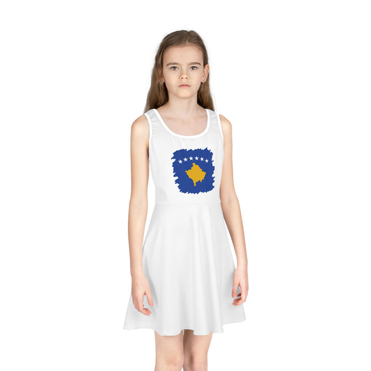 Girls’ Sleeveless Kosovo Flag Sundress – White Summer Dress for Toddlers & Kids | Perfect for Holidays, Parties & Everyday Fun