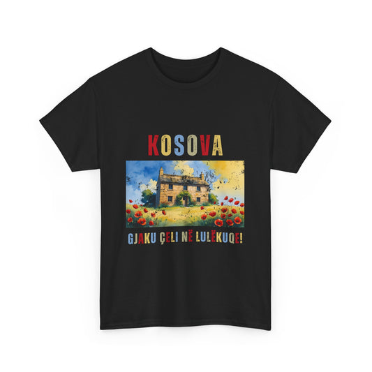 Kosova – Gjaku Çeli në Lulëkuqe Unisex Heavy Cotton T-Shirt | Powerful Kosovo Pride Tee | Cultural Statement Wear
