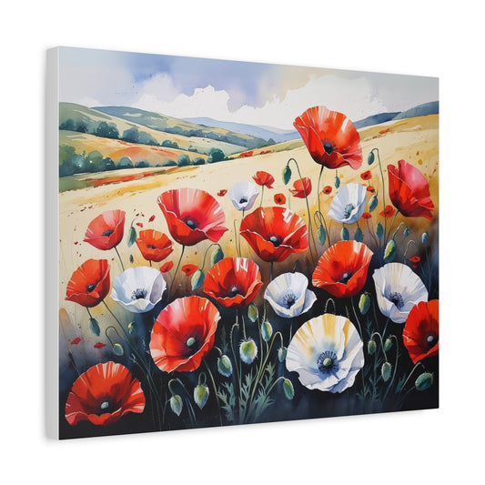 Whispers of the Homeland – Watercolor Canvas of Red Poppies in the Albanian Countryside in Flag-Inspired Hues