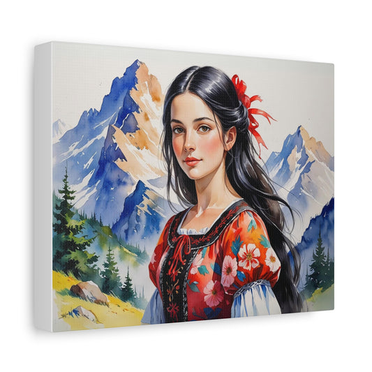 "Besa Among the Mountains" – Albanian Shepherdess Watercolor Style Art in Red & Black Floral Dress