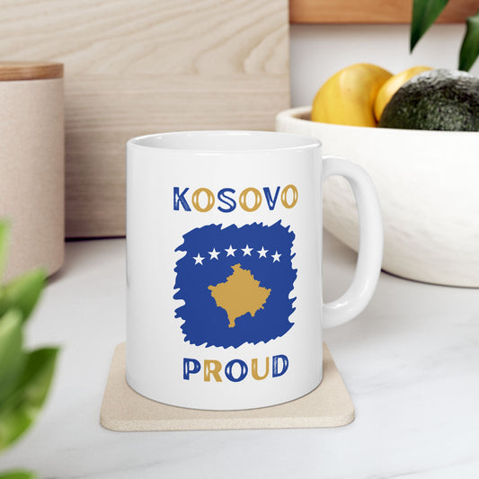 Kosovo Proud Mug – 11oz Ceramic Cup | Yellow & Blue Flag Design for Everyday Pride, Gift Giving & Cultural Celebrations