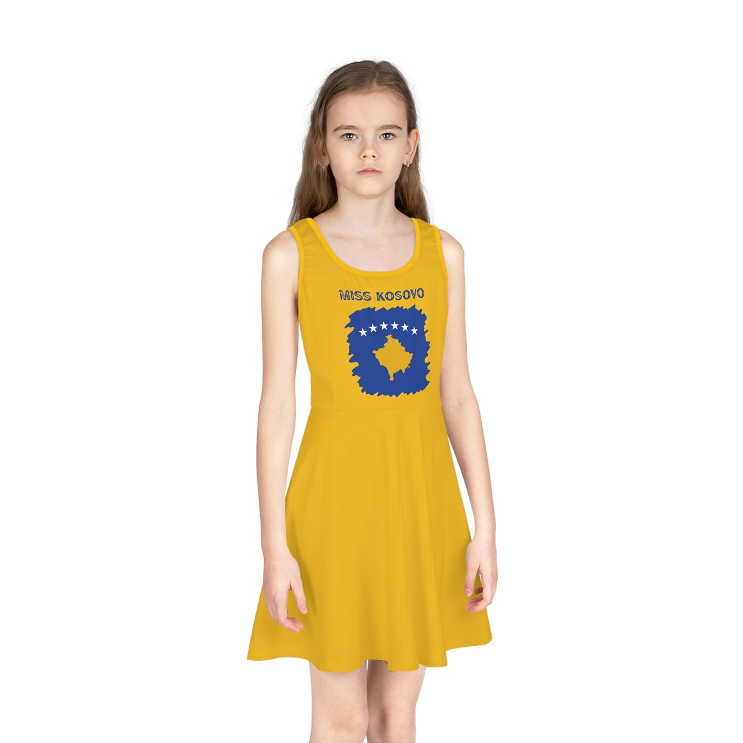 "Miss Kosovo" Girls' Sleeveless Sundress – Blue & Yellow Pride Dress | Lightweight Comfort for Summer Fun & Cultural Celebrations