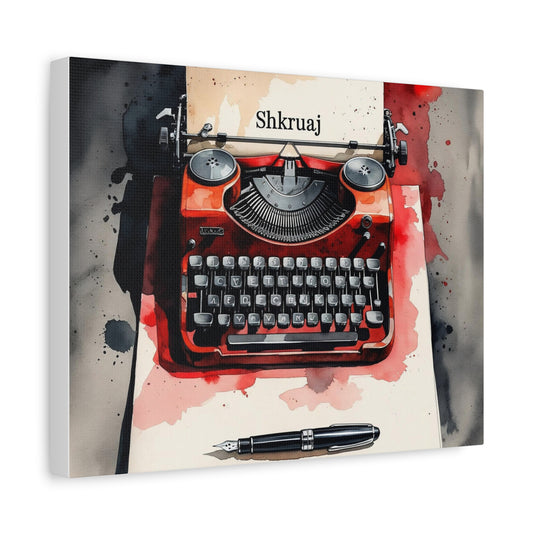 "Shkruaj" Typewriter Canvas Print – Rustic Watercolor Art, Albanian Language Inspired Decor, Vintage Writing Scene