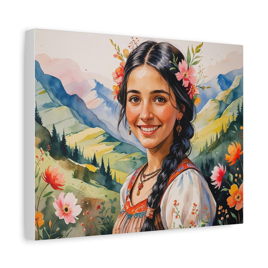 Luludi – Balkan Romani Girl Canvas Print | Floral Watercolor Wall Art Inspired by Romani Culture