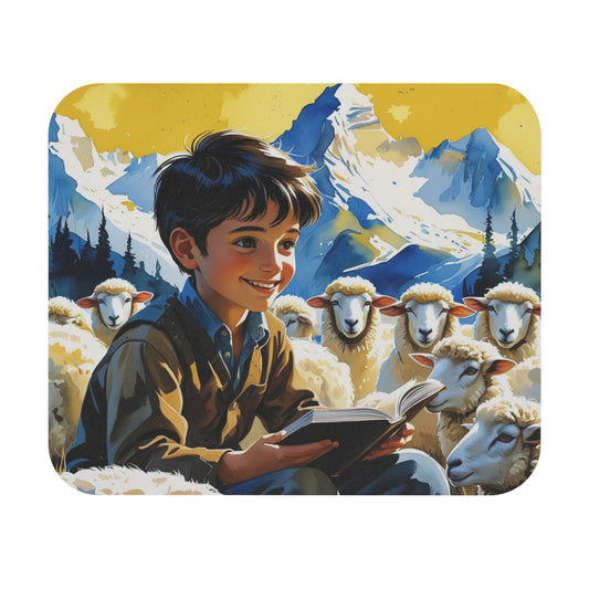 Kosovar Shepherd Boy Mouse Pad – Reading to Sheep in the Mountains Blue & Yellow Hues | 9"x8" Desk Accessory | Cultural Art Gift