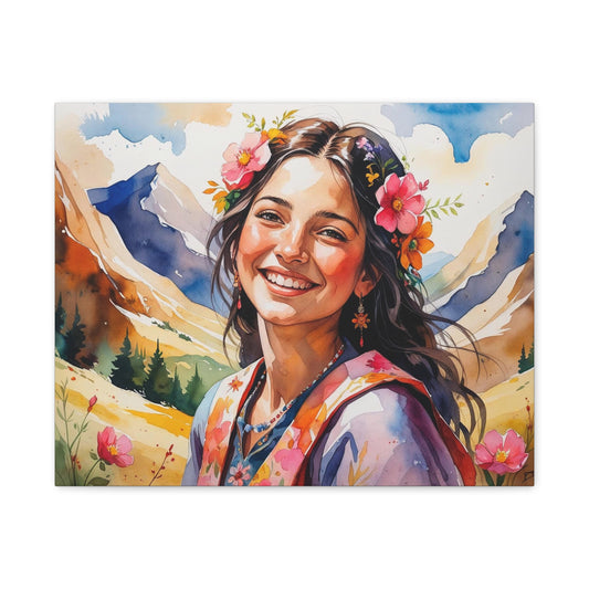 Lulika of the Mountains – Watercolor Portrait of a Joyful Balkan Romani Girl in Bloom, Wrapped in Bohemian Spirit and Color