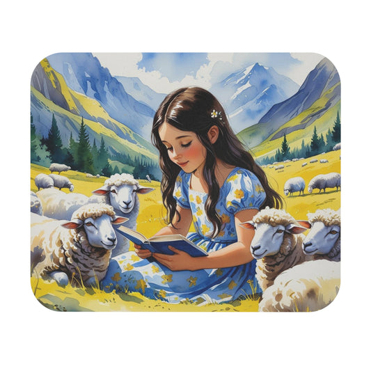 Kosovar Shepherdess Girl Mouse Pad – Reading to Sheep in Yellow & Blue Whimsical Rural Scene | 9"x8" Desk Accessory | Kosovo-Inspired Art Gift